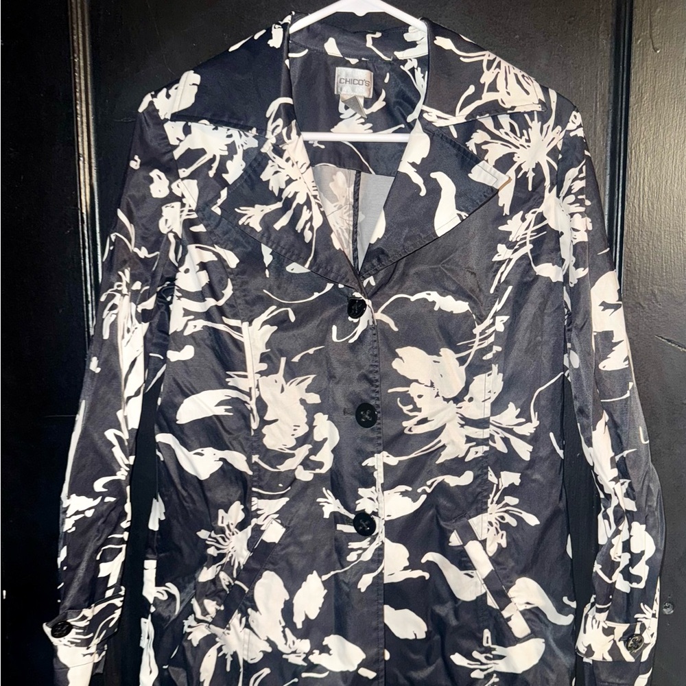 Chico's Black Trench Coat with White Floral Print